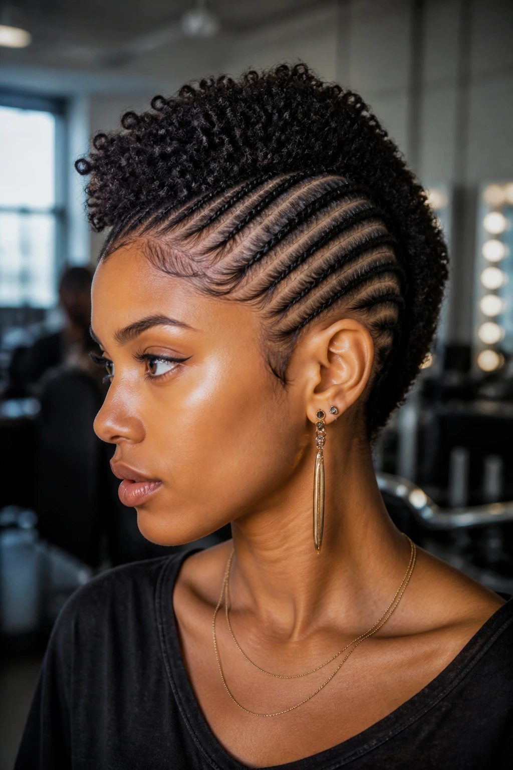 Close-up of a real person showing an illusion undercut hawk with narrow side braids and a fuller center ridge