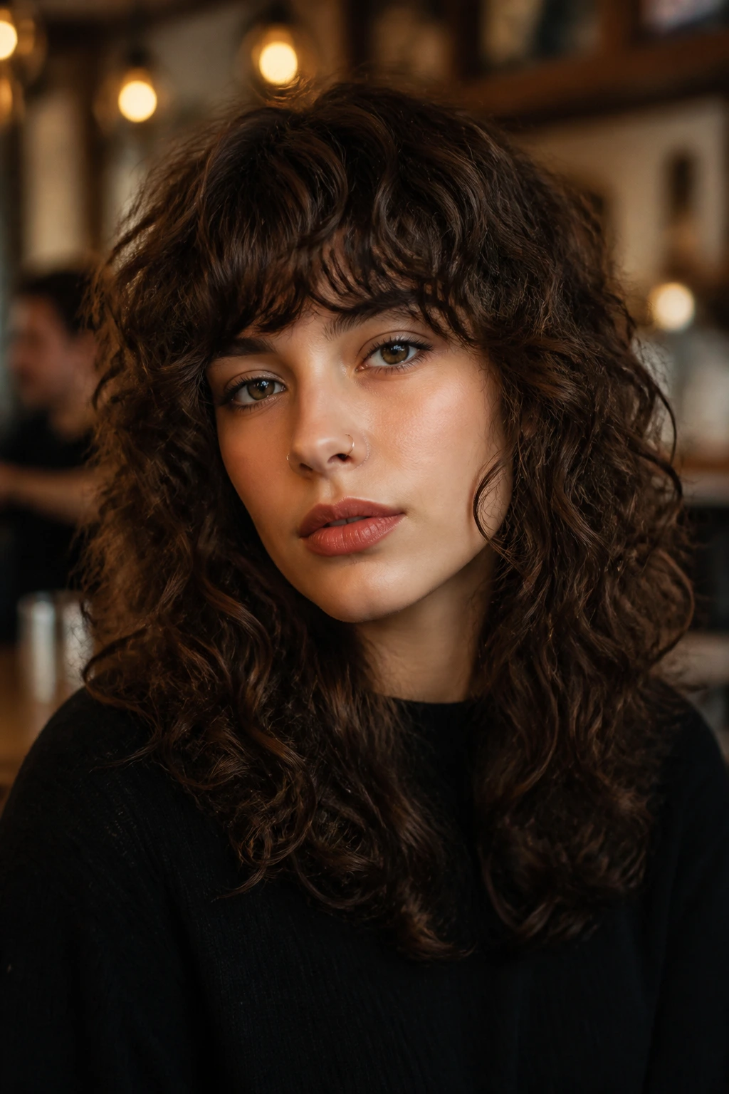 Close-up portrait of a real person with indie curl shag and heavy eyebrow bangs