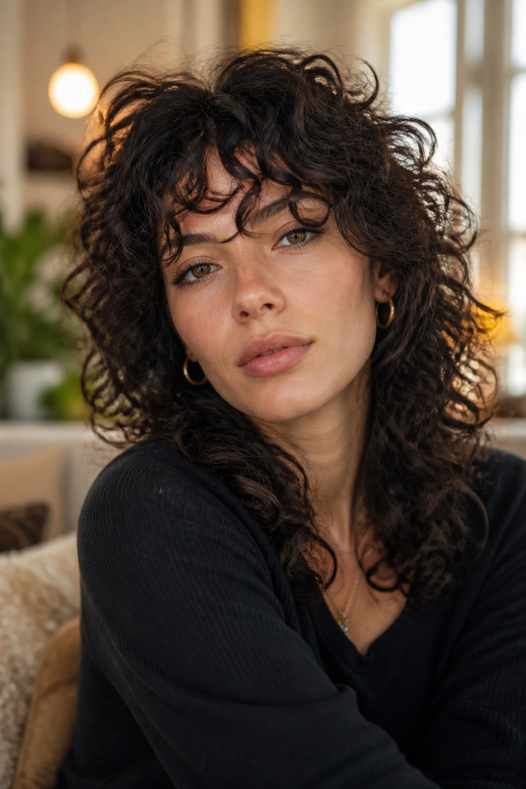 Close-up of a woman with piecey bangs and indie curly shag hairstyle in a cozy living room.