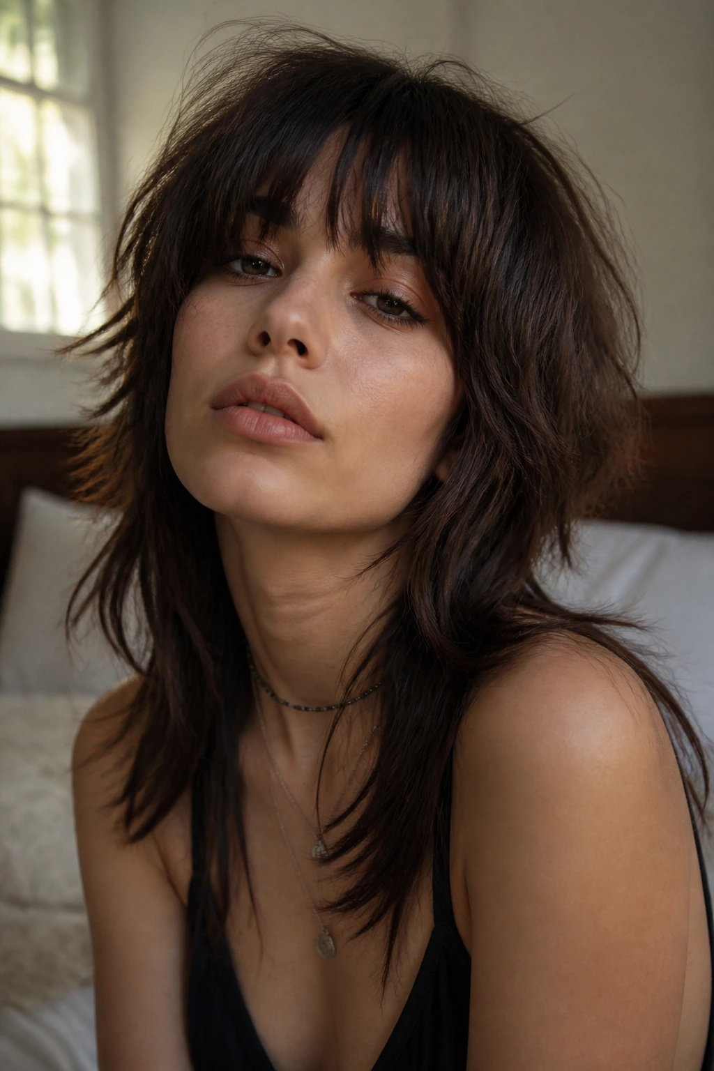Close-up portrait of a real woman with indie sleaze shag featuring heavier fringe and lived-in ends in natural light