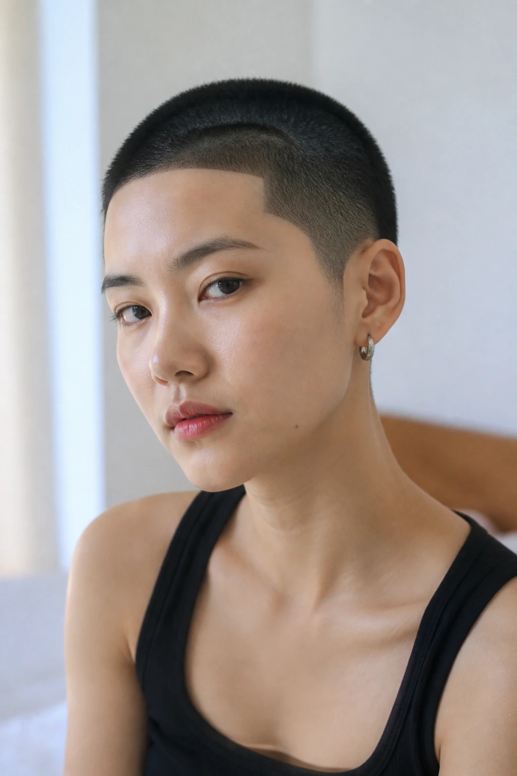Close-up of a real person with a soft induction cut and lineup