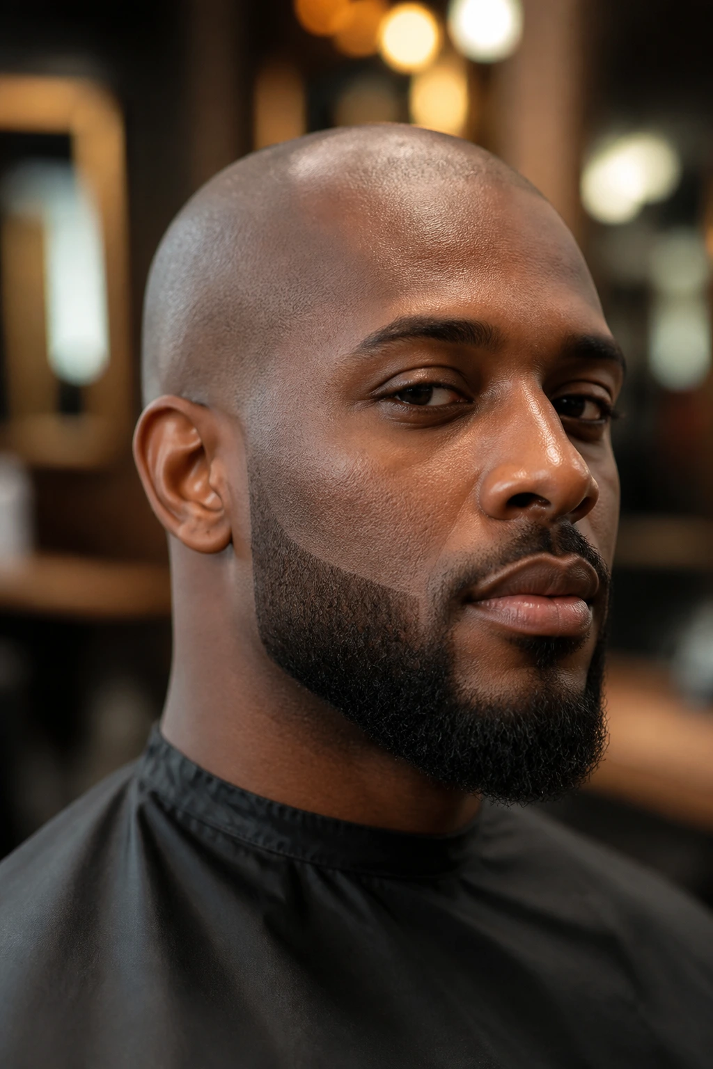 Close-up of a Black man with an induction cut and crisp lineup in a barber shop