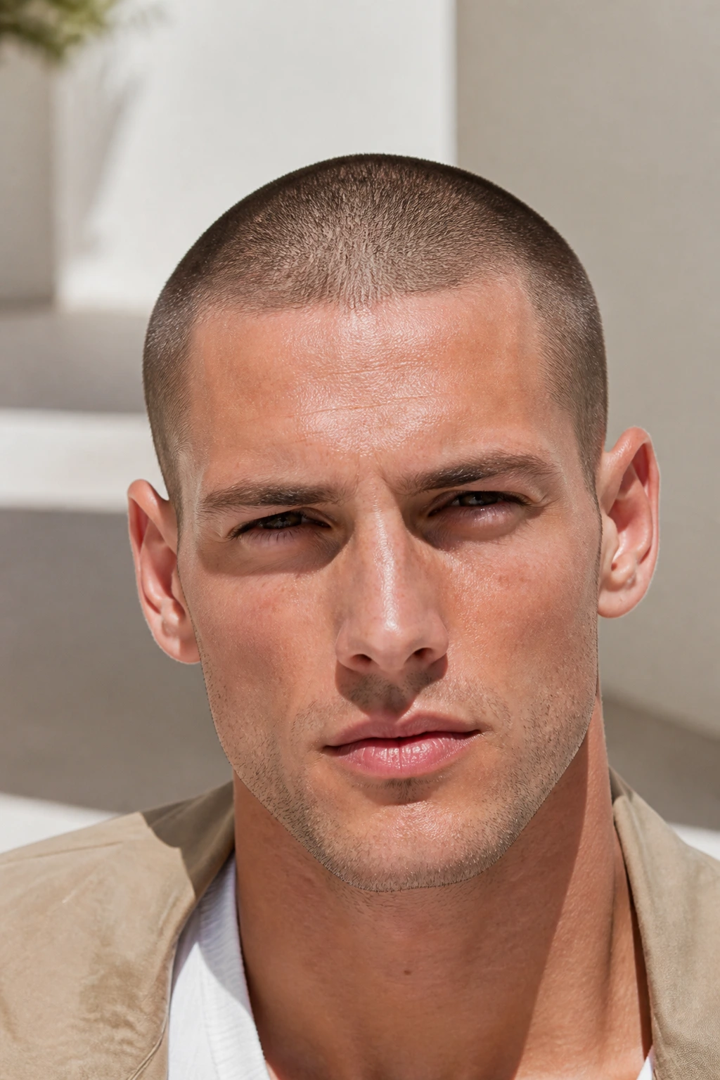 Close-up of a man with an induction cut under bright outdoor light