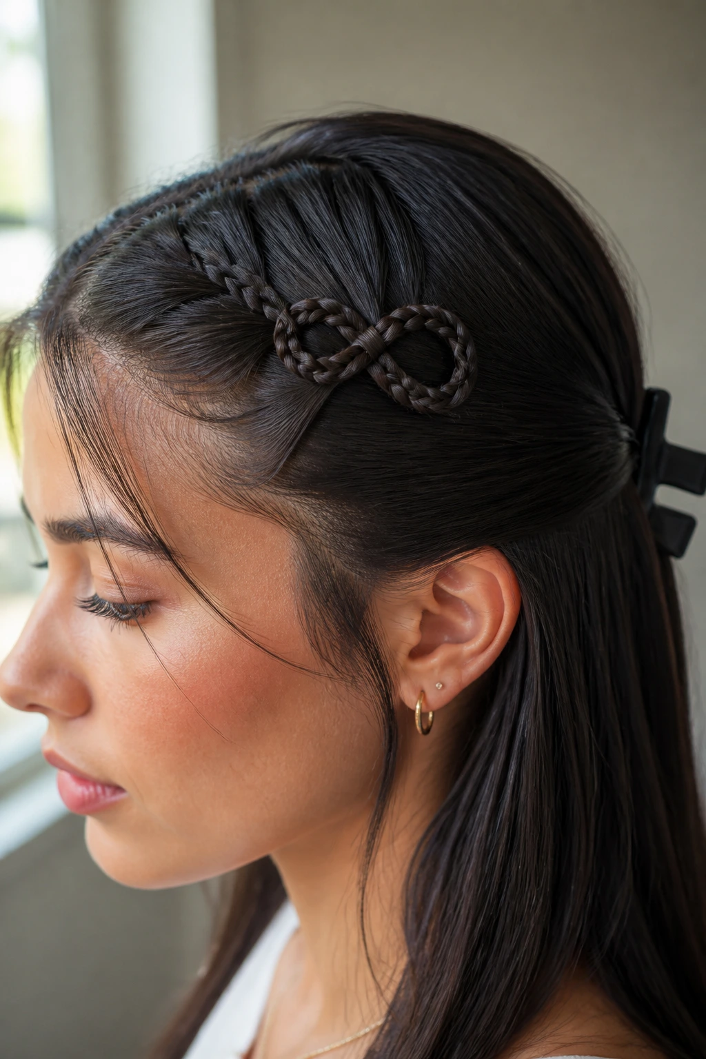 Profile view of a real woman showing an infinity accent braid at the temple