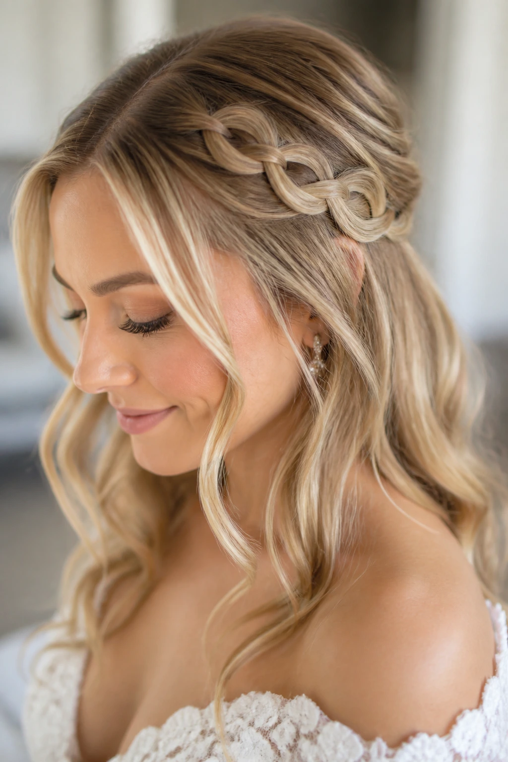 Close-up of real bride with an infinity braid accent along the side in loose waves