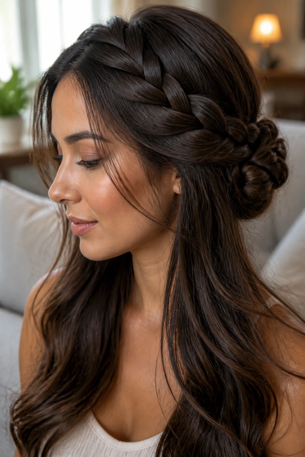 Infinity braid bun on real woman; intricate woven loops and bun.