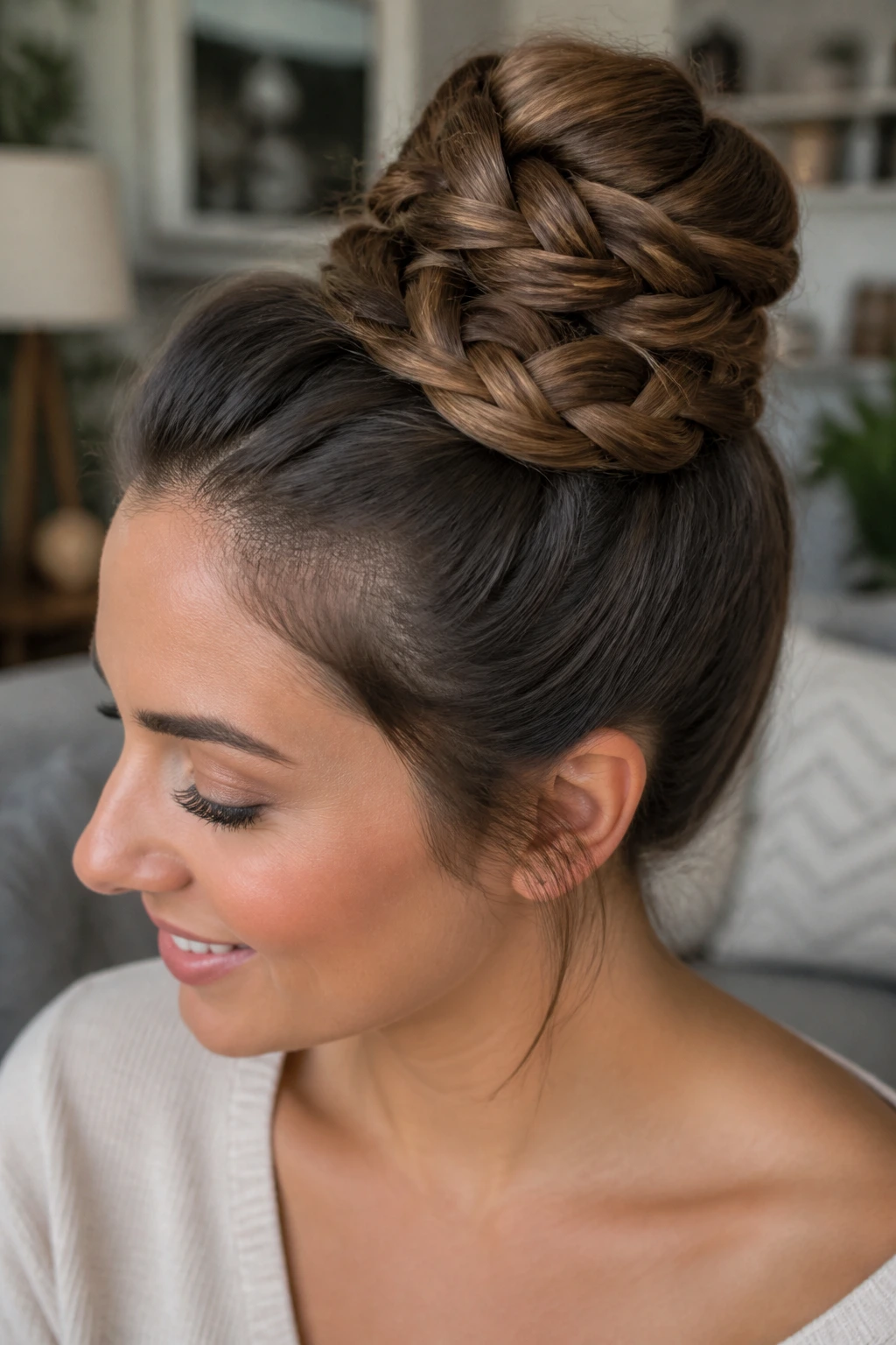 Close-up of a real woman with an infinity braid looping into a bun, crown area visible