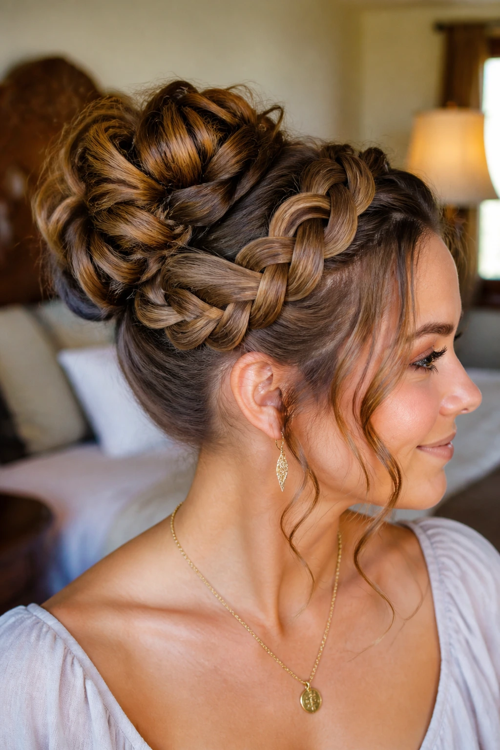 Close-up of a real woman with an infinity braid bun