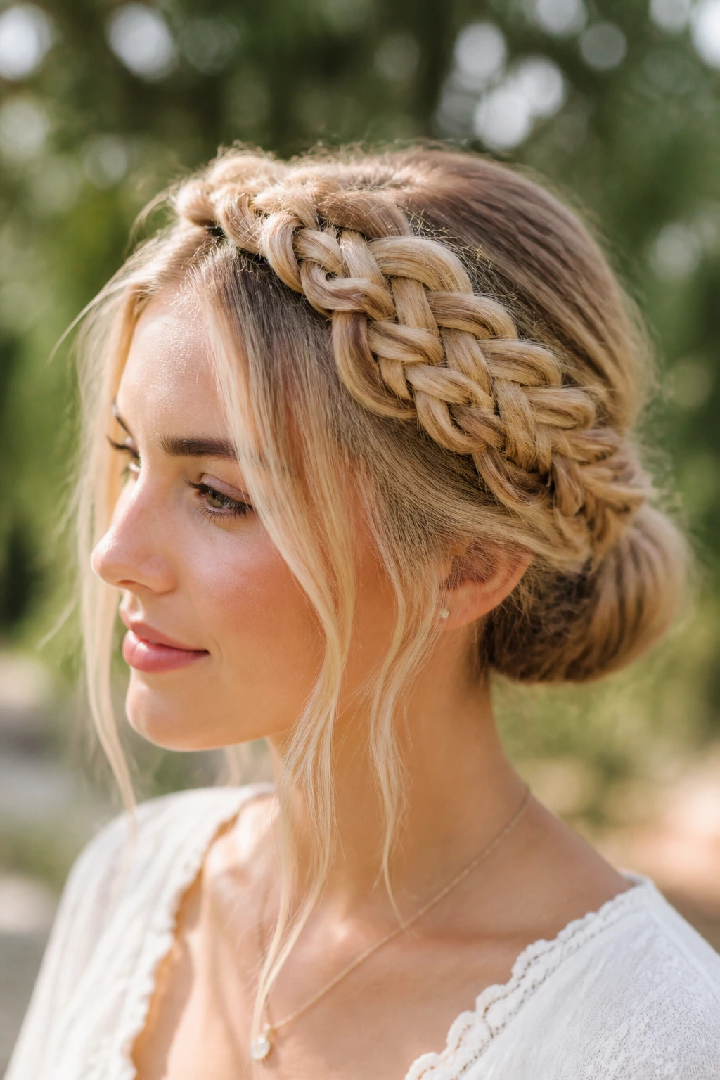Close-up of infinity braid crown on a real woman