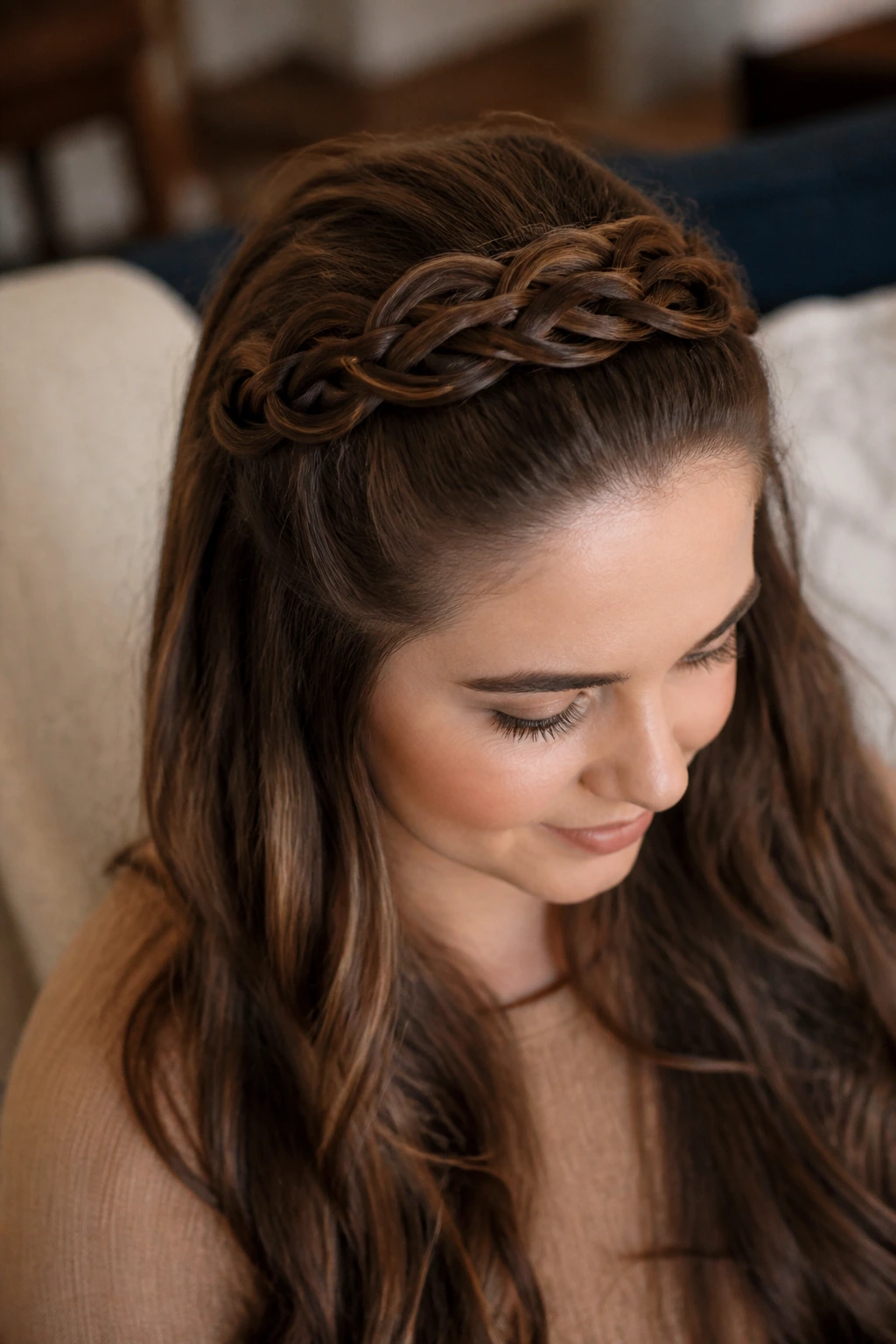 Close-up of a real woman with infinity braid at the crown