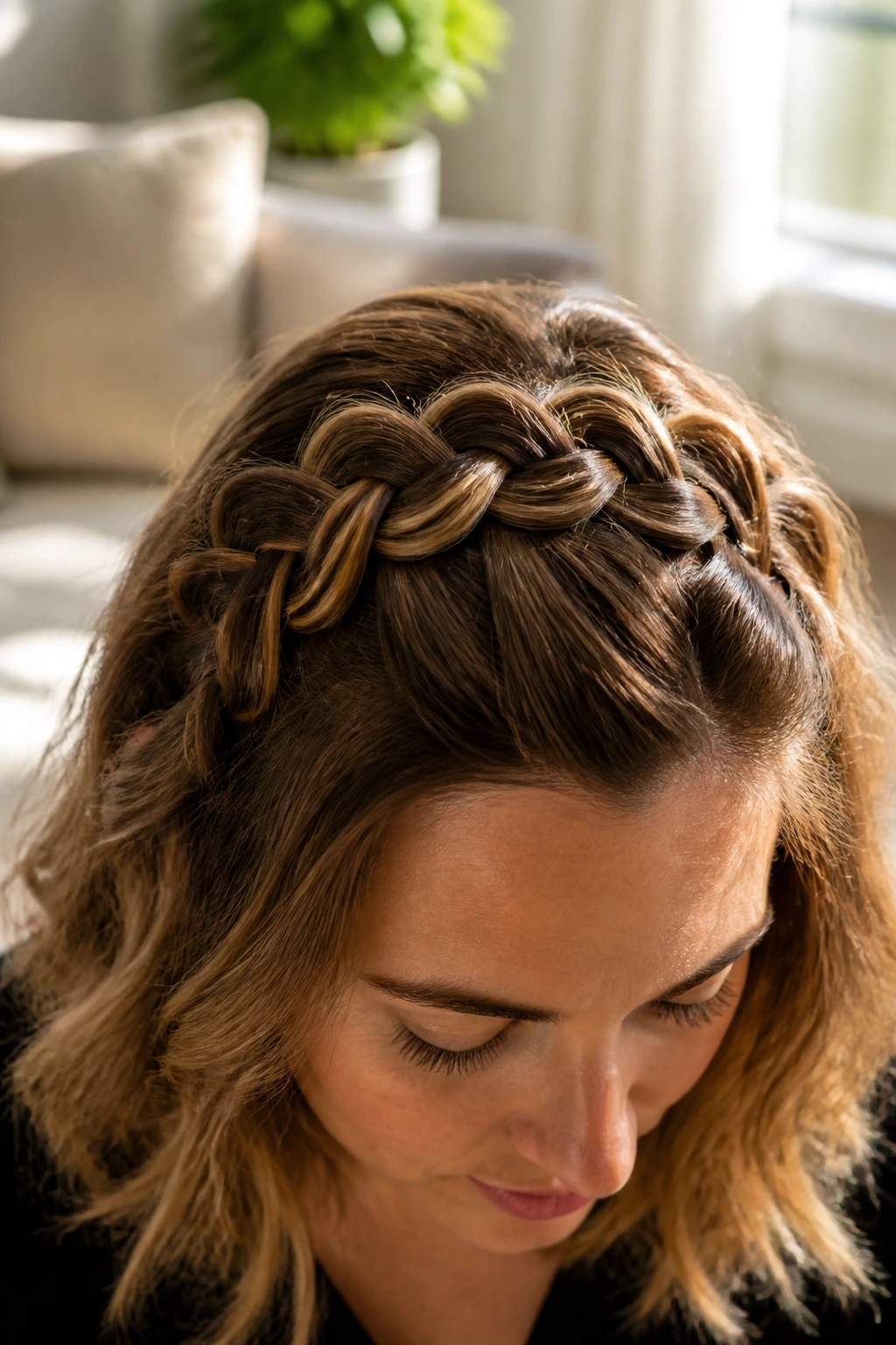 Close-up of a real woman's head with an infinity braid at the crown.