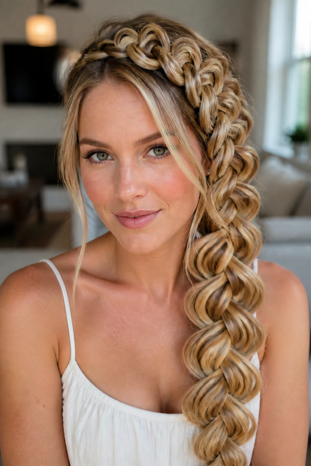 Close-up of a real woman with an infinity braid showing looping loops