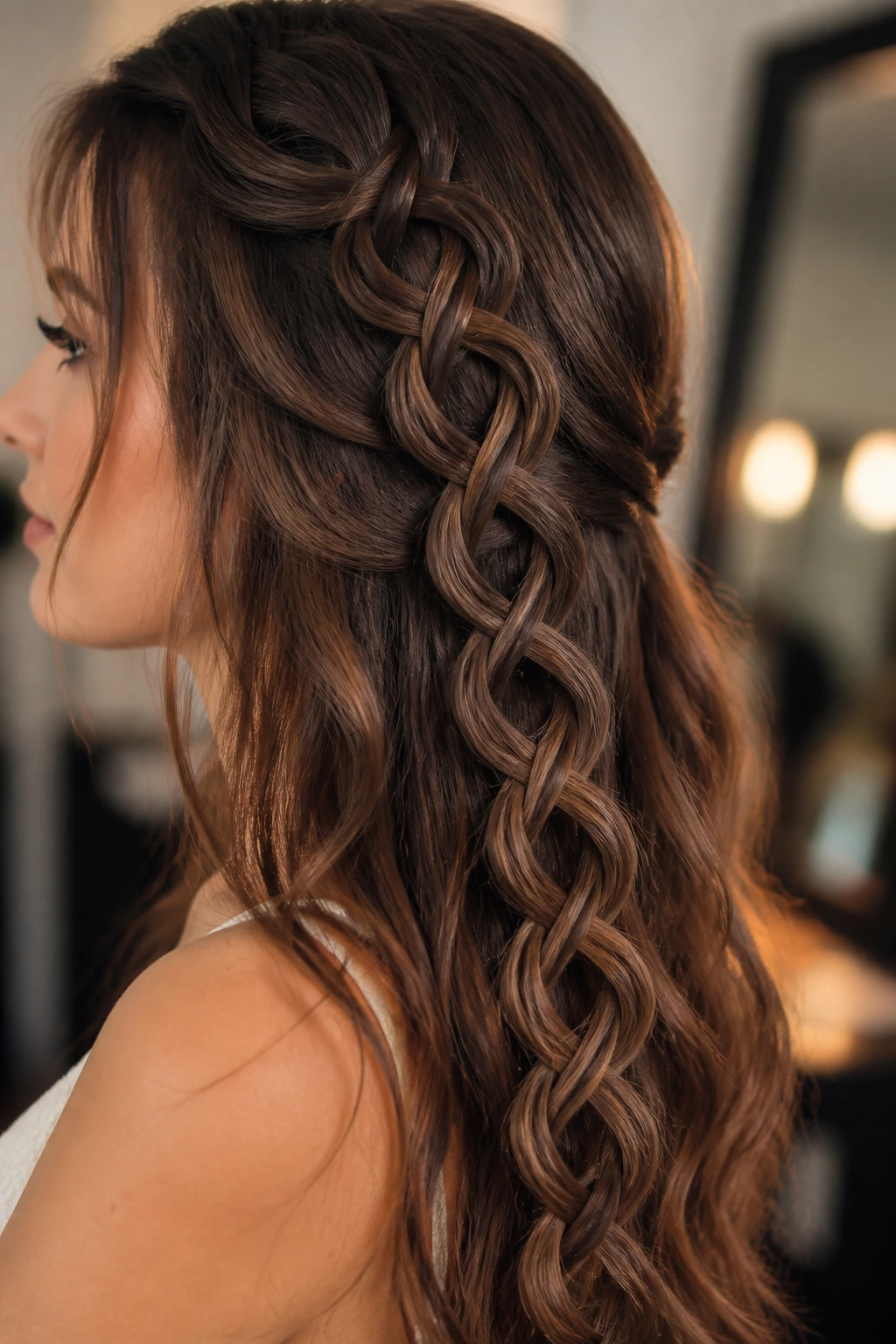 Real woman with looping infinity braid in center of head