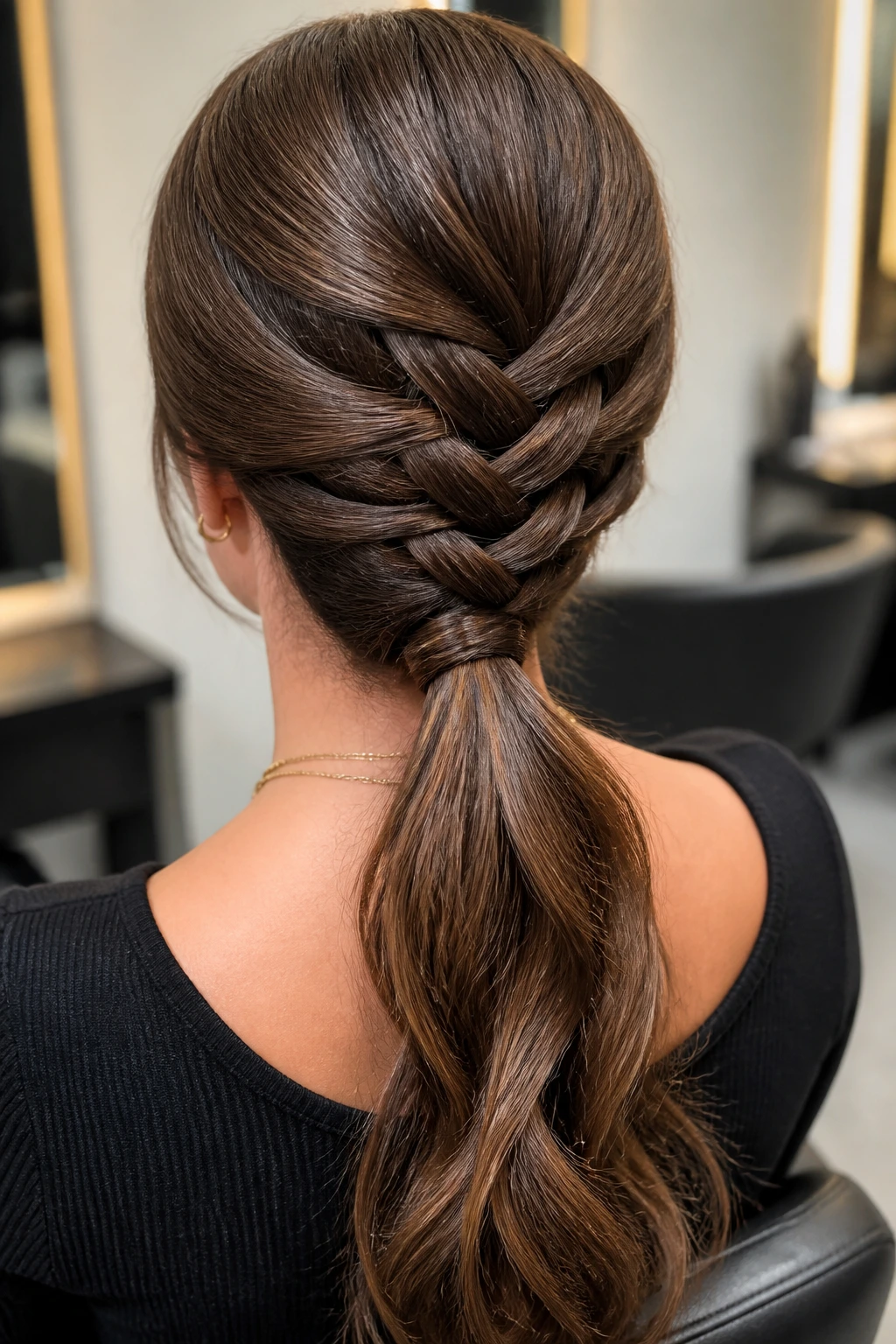 Infinity braid woven into a low ponytail at nape, real person