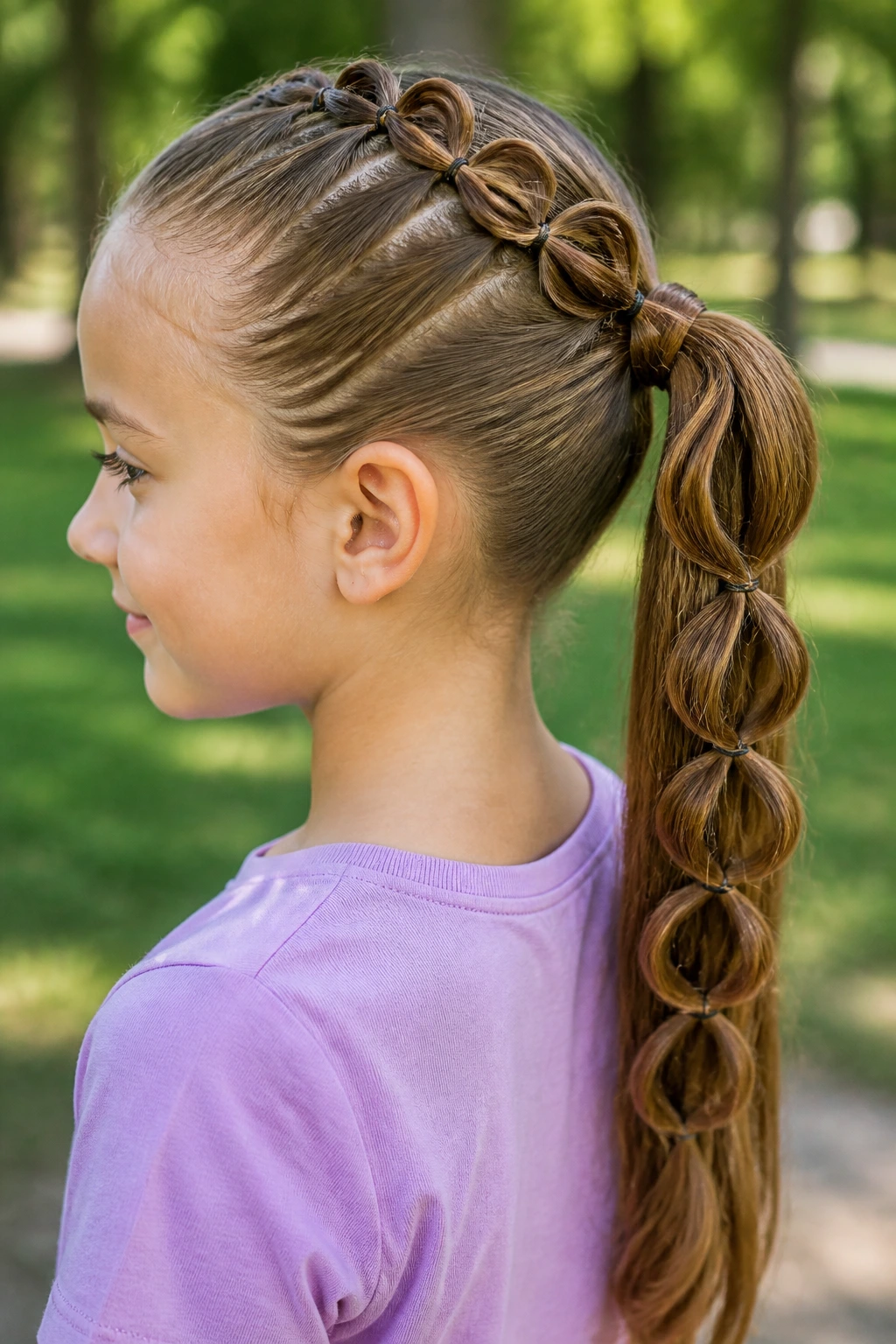 Side portrait of a child with an infinity braid leading into a ponytail outdoors