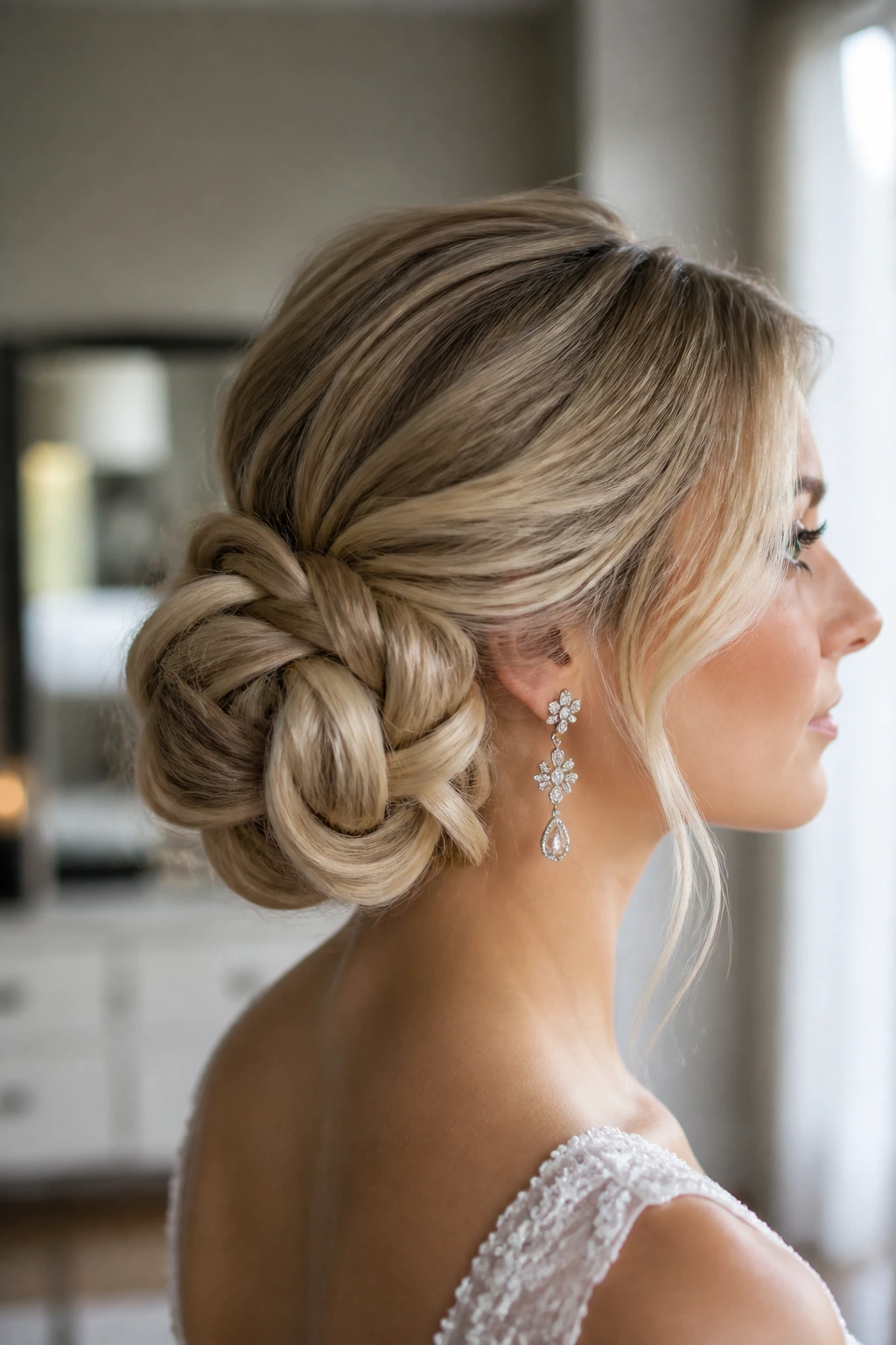Close-up of Infinity Knot Bun on a real bride with interlocked loops