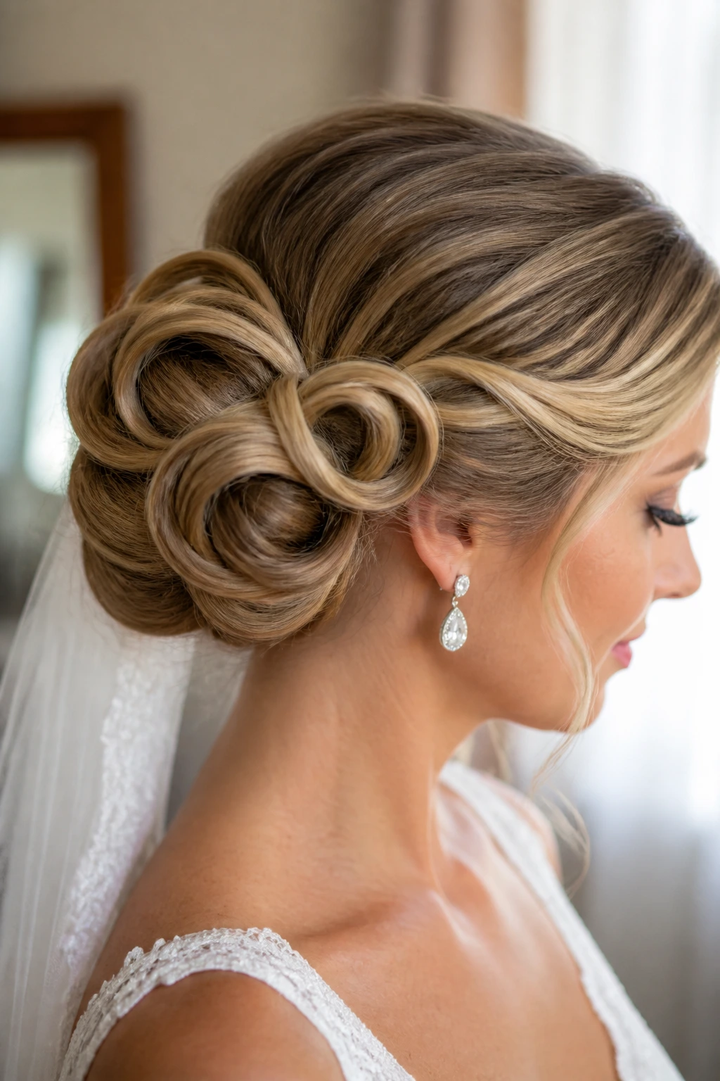 Close-up of a real bride with an infinity knot bun in warm window light