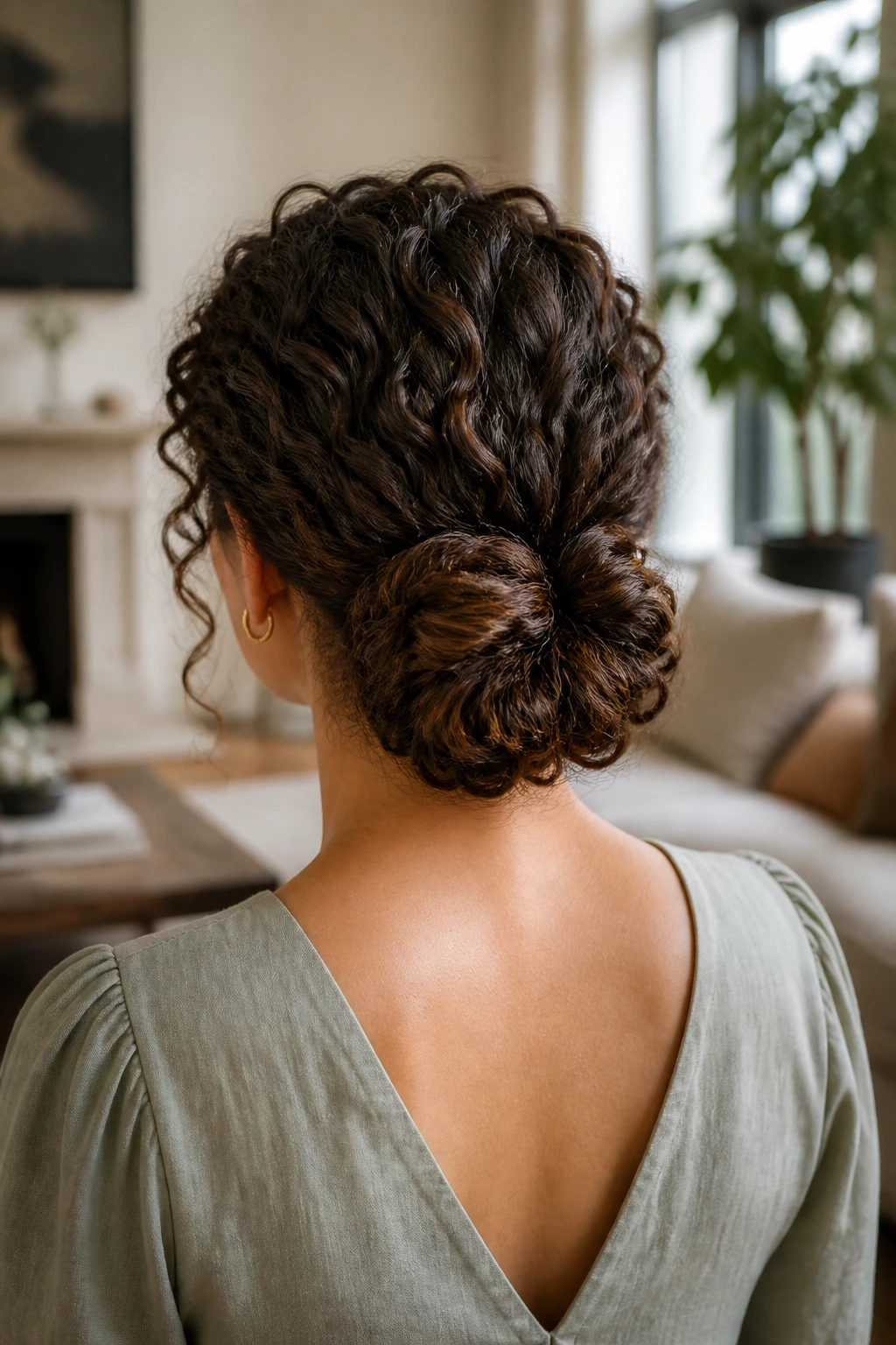 Back view of a real person showing an infinity knot updo with two loops