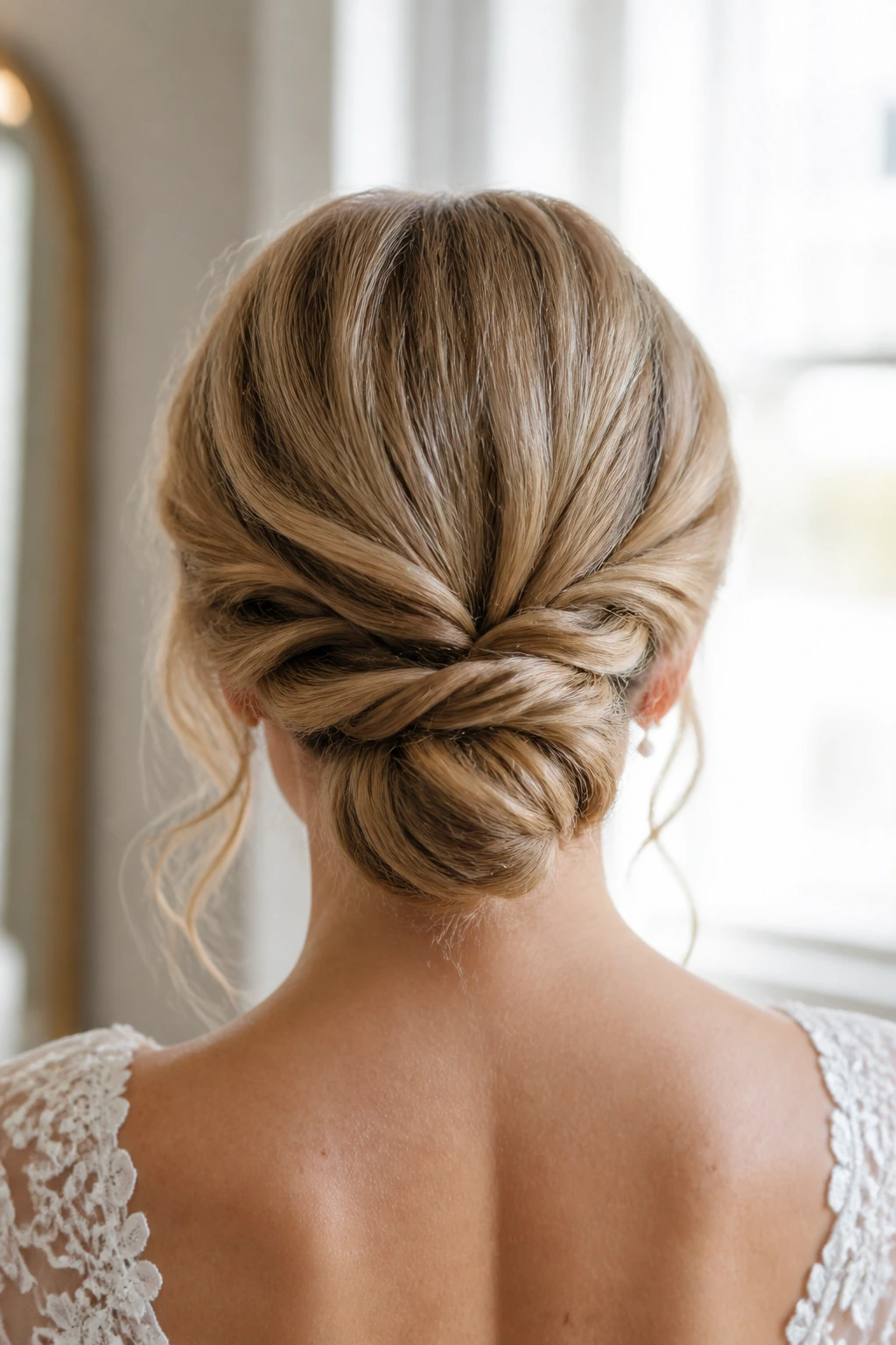 Back view of bride with infinity twist bridal updo