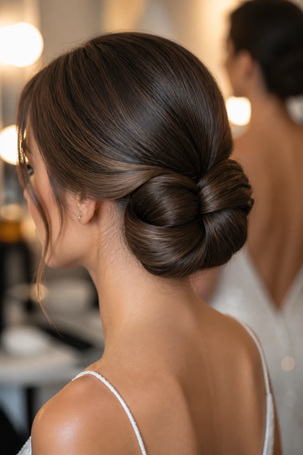 Back view close-up of infinity-twist chignon on a real woman