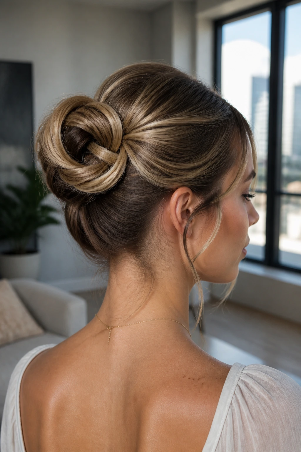 Close-up of a real woman with an infinity-twist bun forming a figure-eight