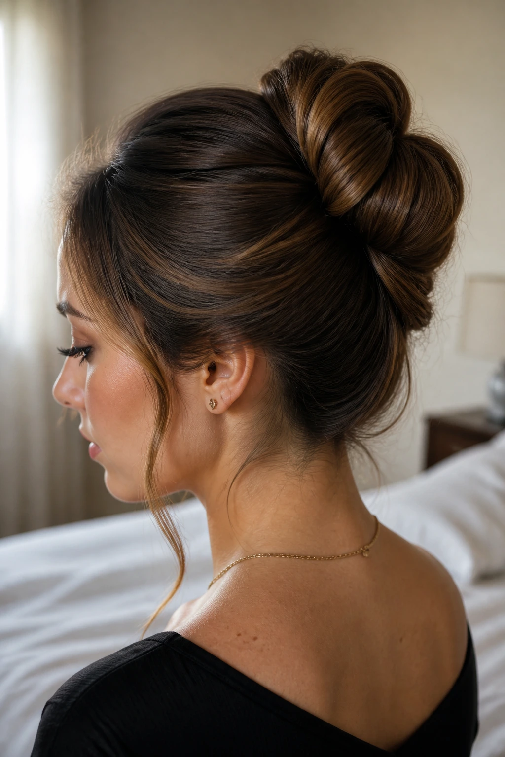 Close-up of a real woman's head with an infinity twist bun
