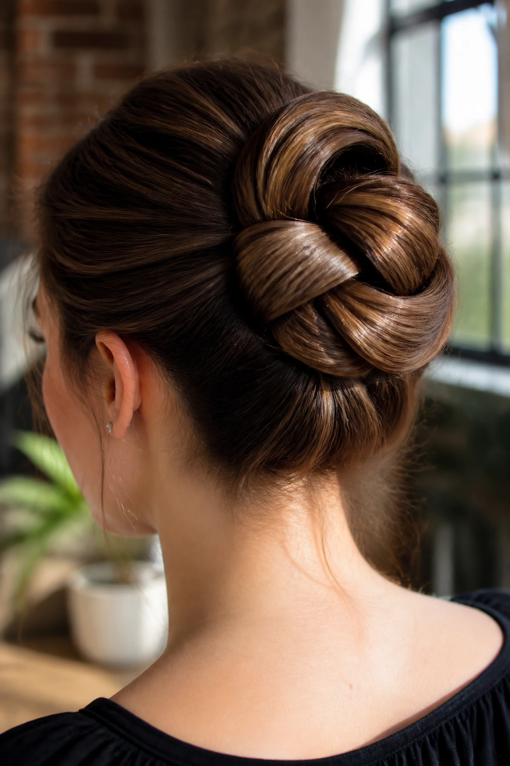 Close-up of a real woman wearing an infinity twist bun with a looped shape.
