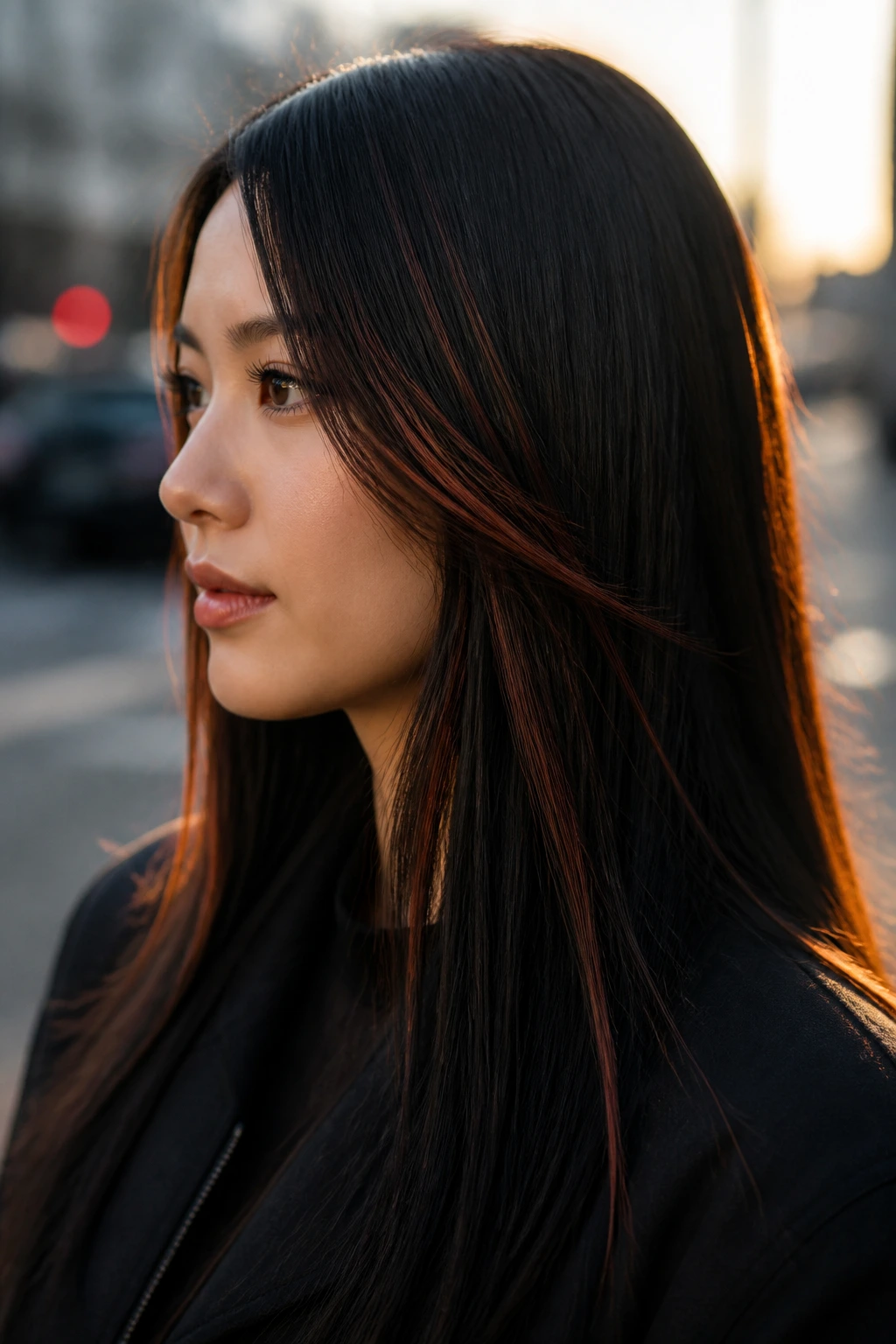 Close-up of a real woman with inky black hair and copper threads in natural light