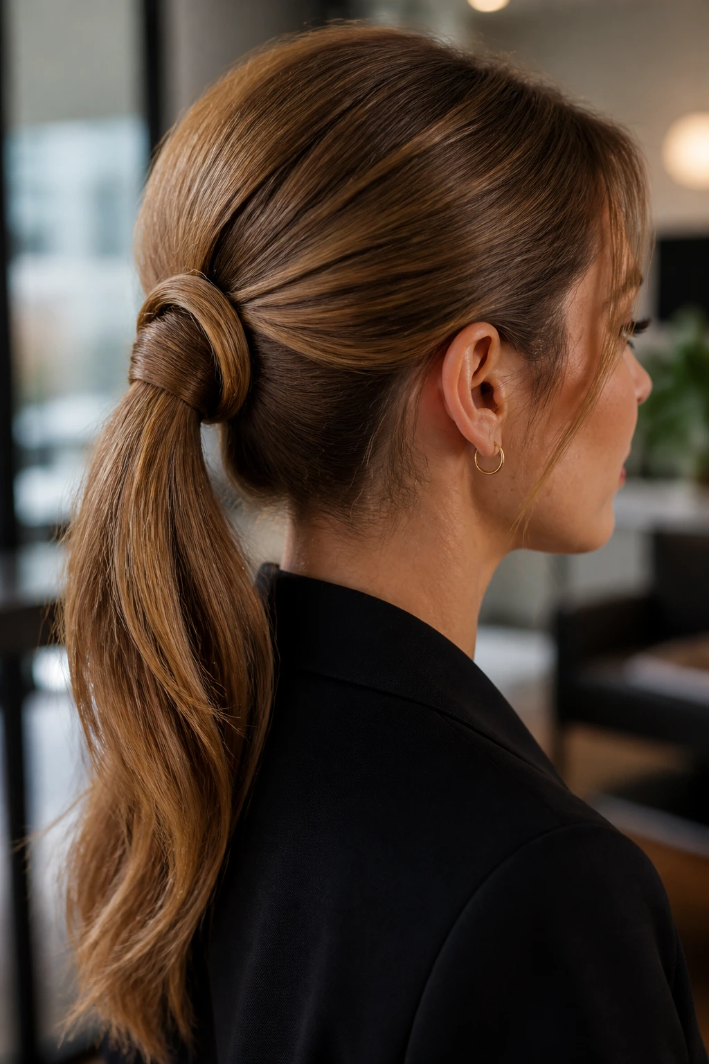 Close-up of a real woman with an inside-out flip-through ponytail showing the loop at the base