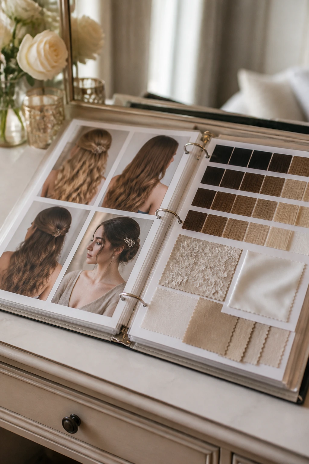 Inspiration folder with color swatches and dress fabric samples on a dressing table