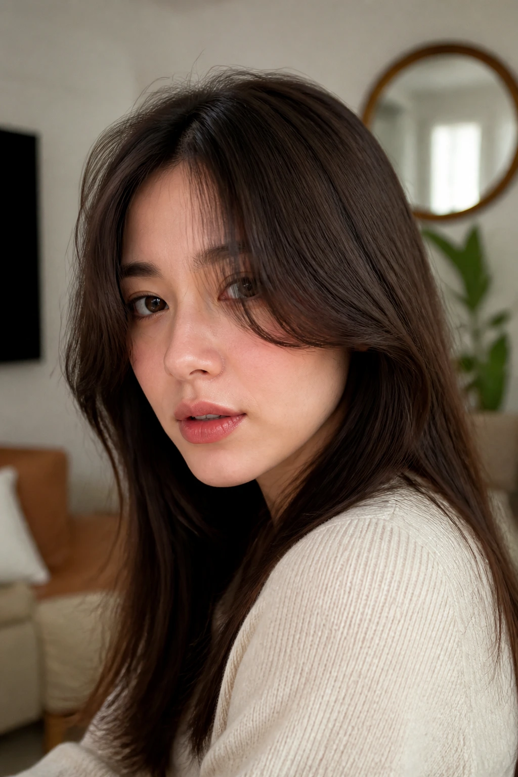 Close-up portrait showing root lift and bend in curtain bangs on a real person