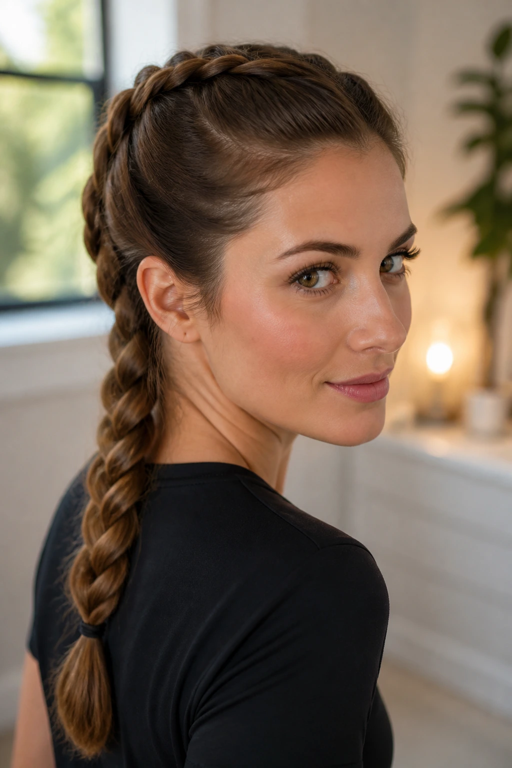 Close-up of a real woman with an intentional French braid showing a crisp crown and defined braid line