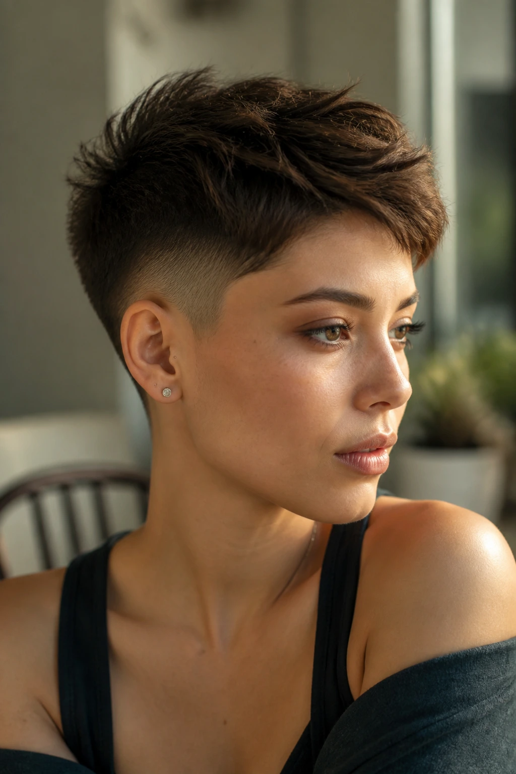 Portrait of a real woman with an intentional fade hairstyle