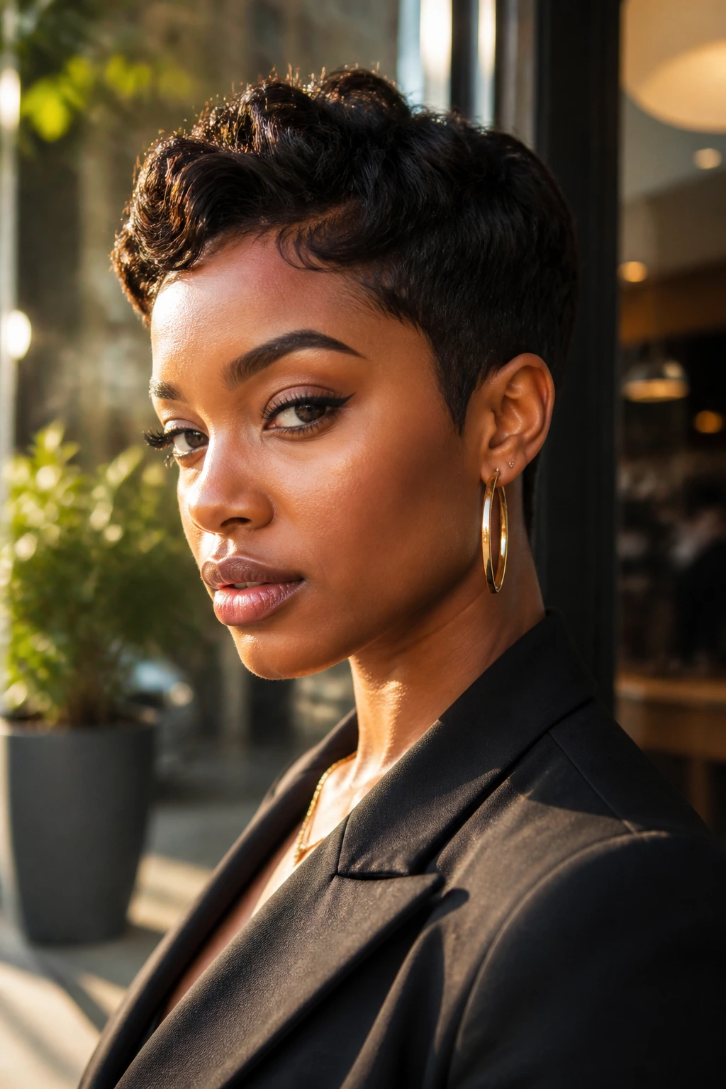 Close-up portrait of a confident woman with a sharp short cut in warm outdoor light
