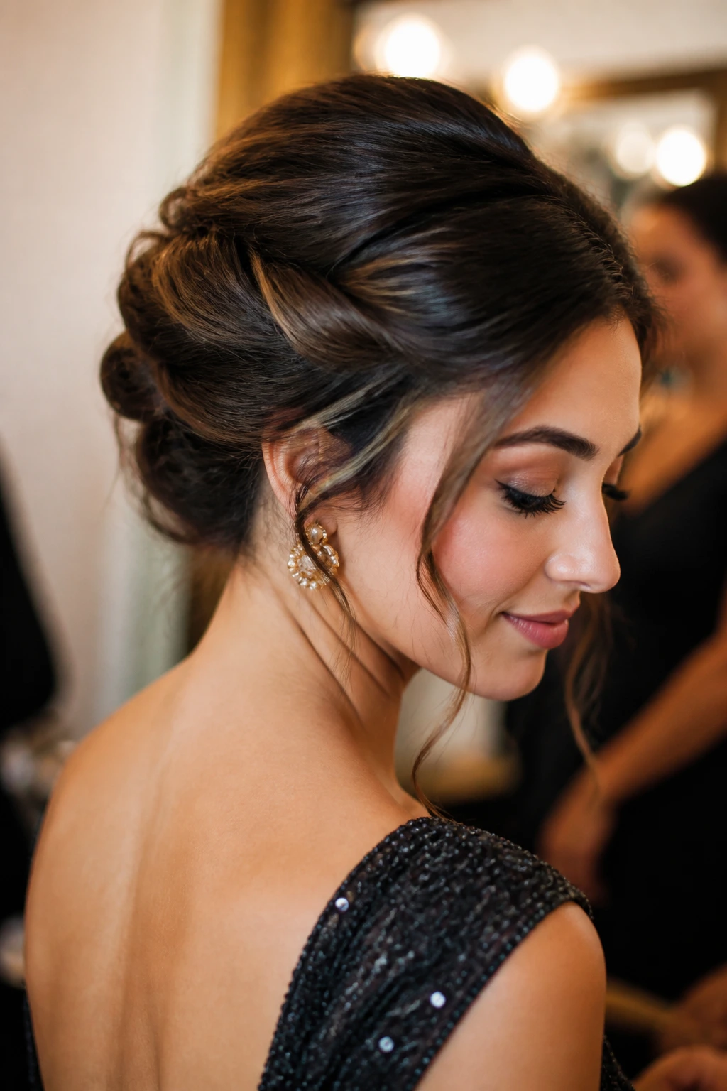 Portrait of a real woman with an intentional, polished holiday hairstyle