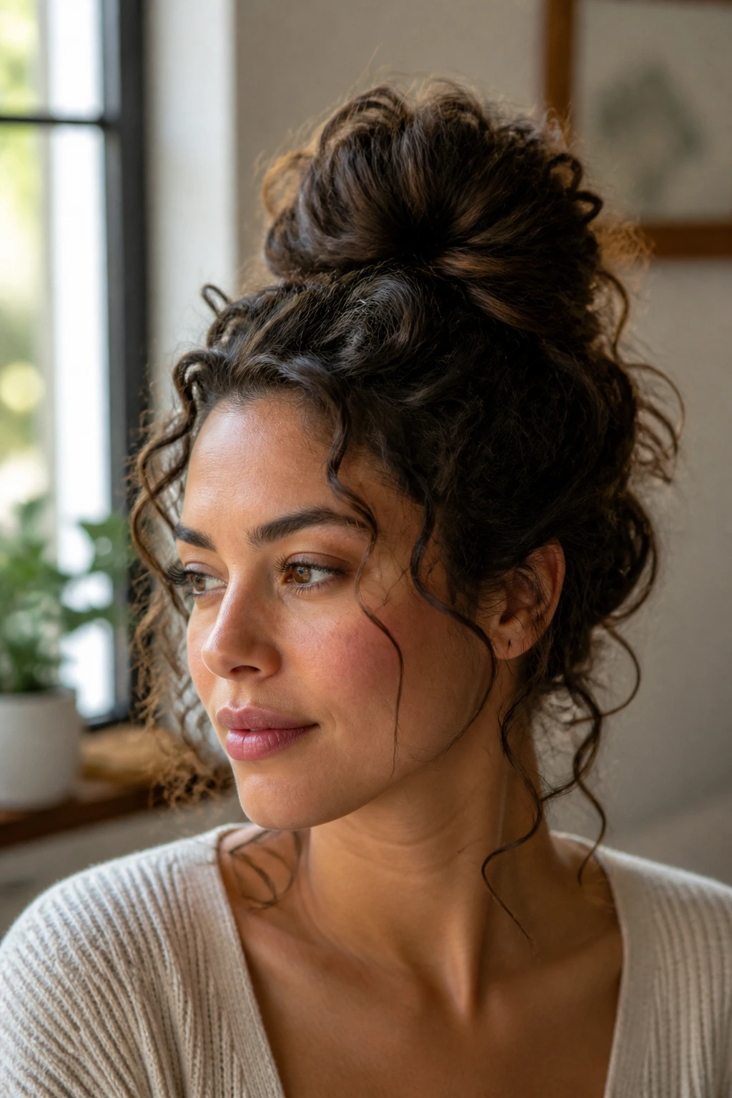 Portrait of a real person with an intentionally styled curly messy bun showing deliberate twists and pins.