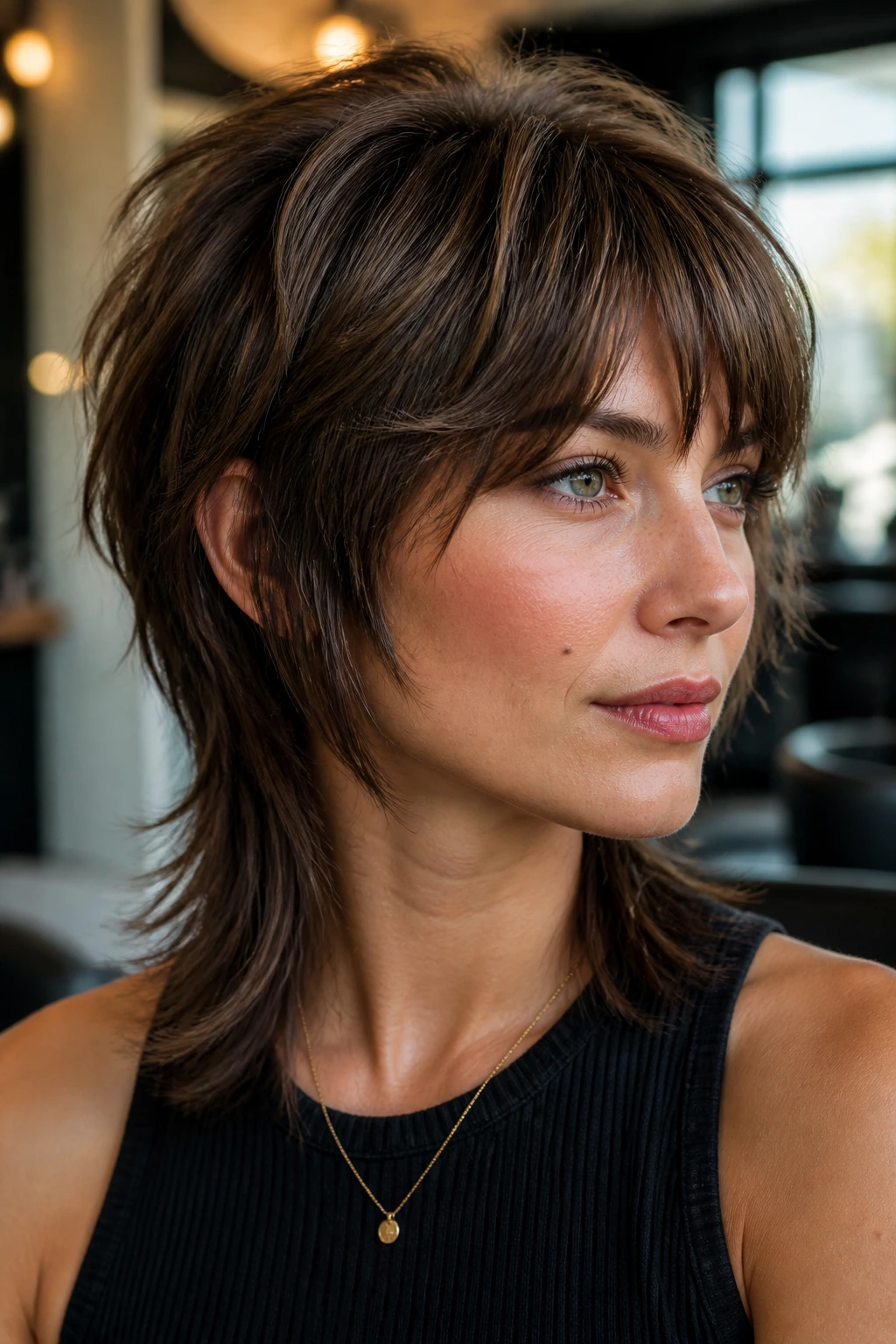 Portrait of a real woman with a mullet styled to look intentionally shaped