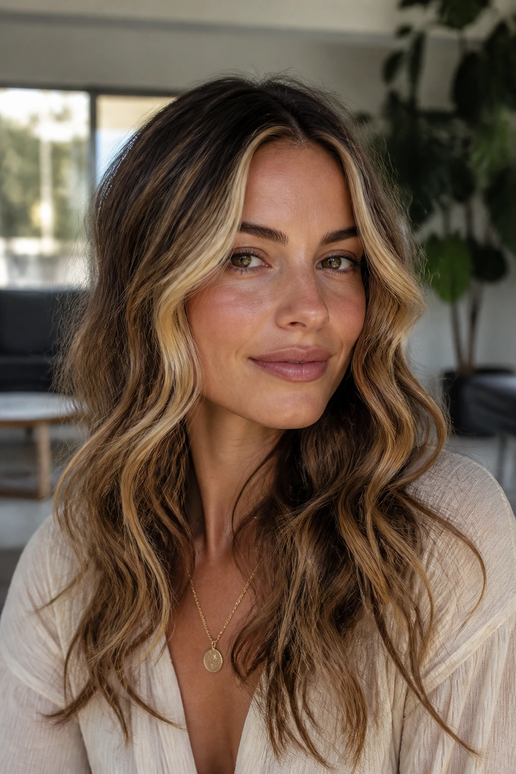 Confident portrait of a woman showing an intentional money piece look on wavy hair