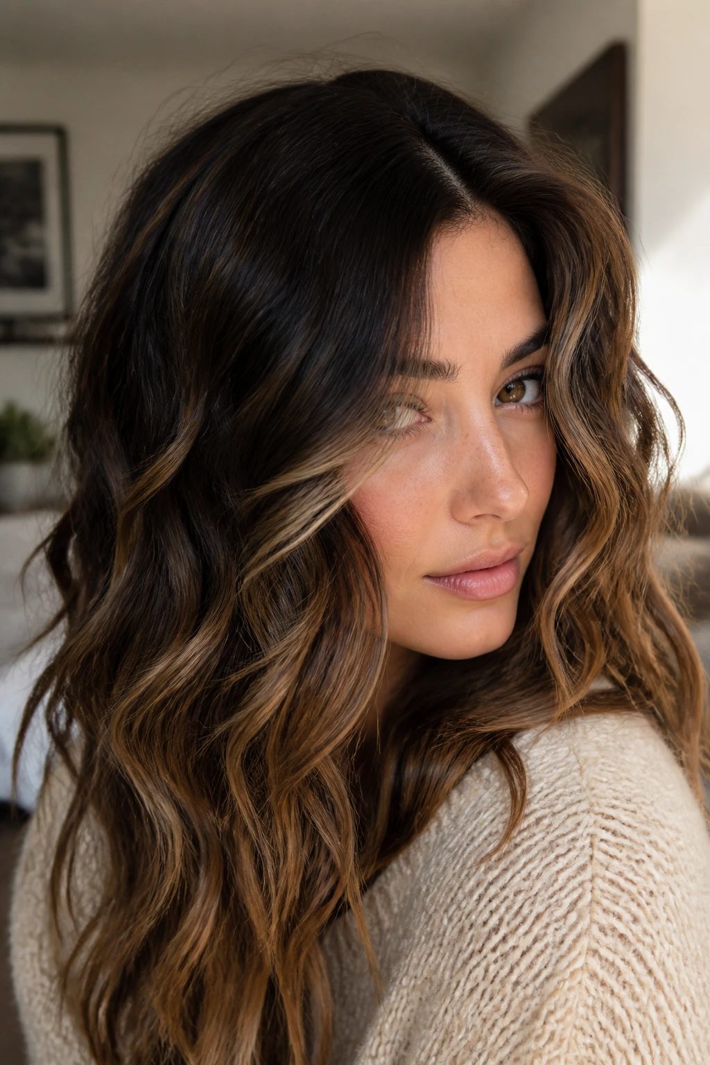 Portrait of a real woman with a deep side part and defined waves for an intentional look