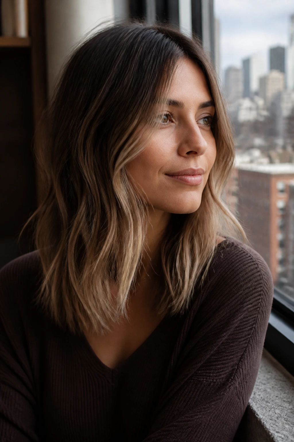 Mid-length hair with a gradient beige-to-smoky beige ombre on a real person