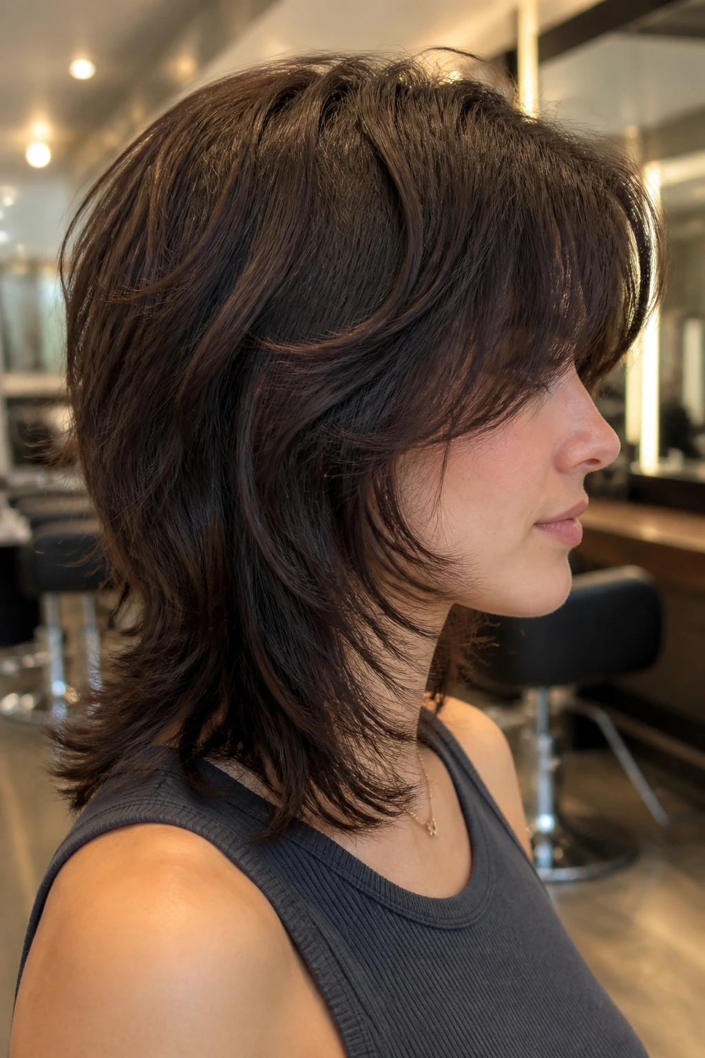 Close-up profile of a real person with interior-debulked thick wolf cut