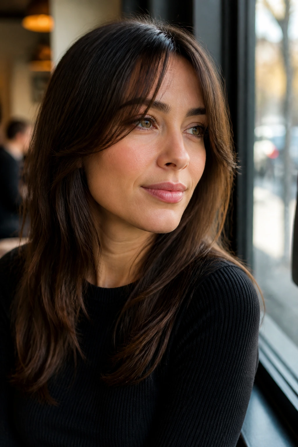 Portrait of a real woman with interior-layer bangs barely visible at the front.