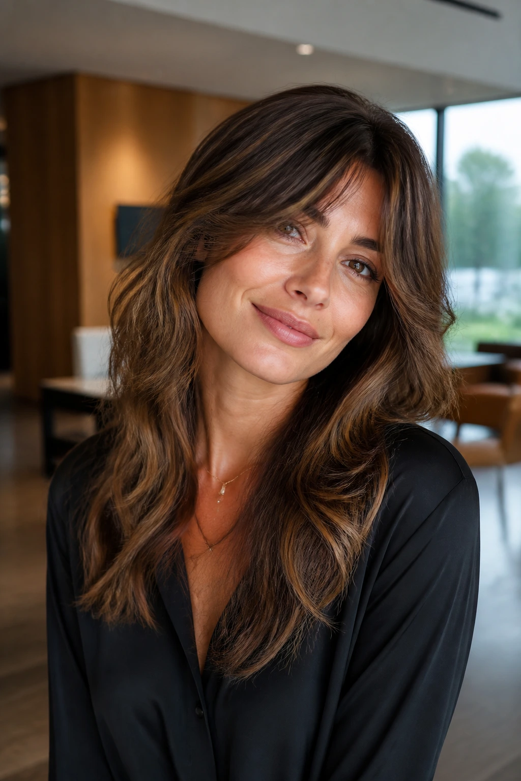 Close-up portrait of a real woman with interior-layer shag in an office setting.