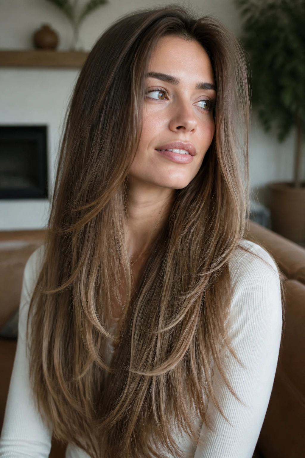 Close-up of a real person with interior layers and full perimeter in long hair