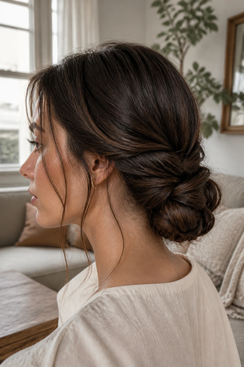 Close-up of a real woman with an interlaced low bun in a cozy room