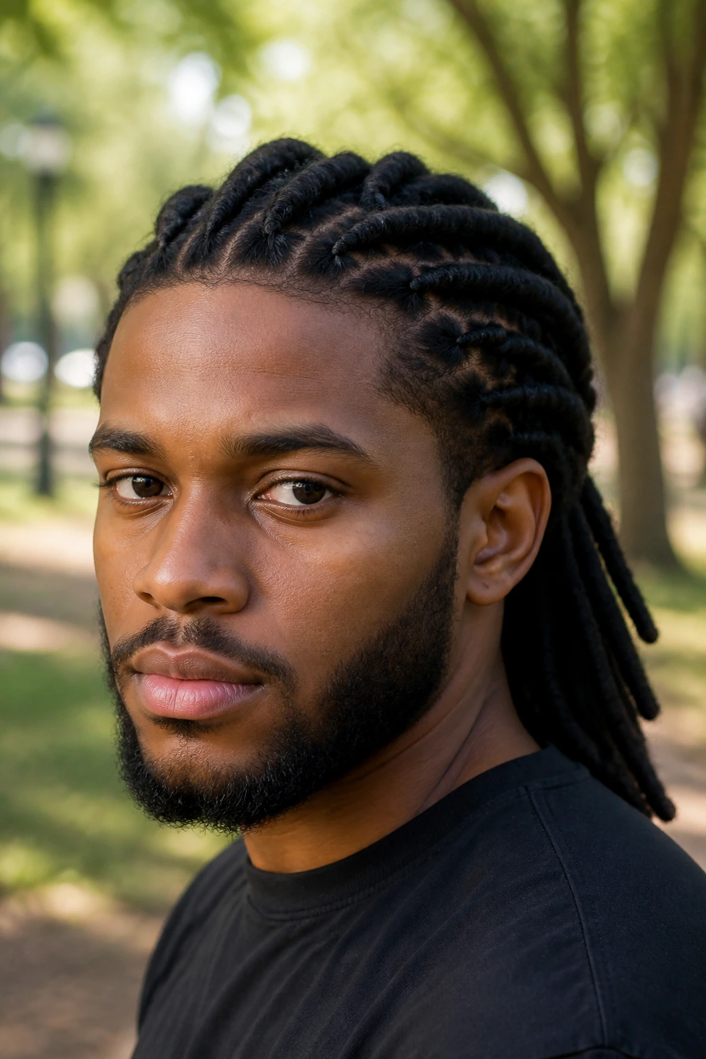 Close-up portrait of a man with interlocked locs in a park daylight