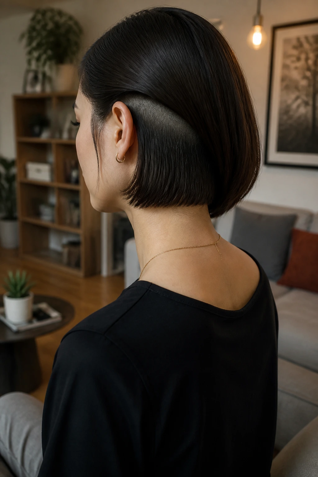 Rear view of Asian woman with internal undercut bob showing inner shaved layer