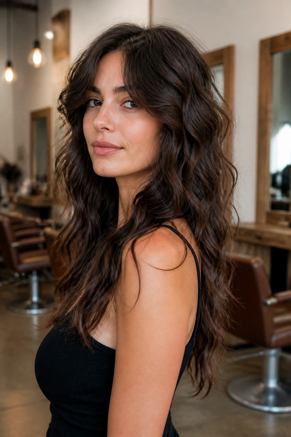 Close-up of a real woman with an internal-carve wolf cut in a warm salon setting