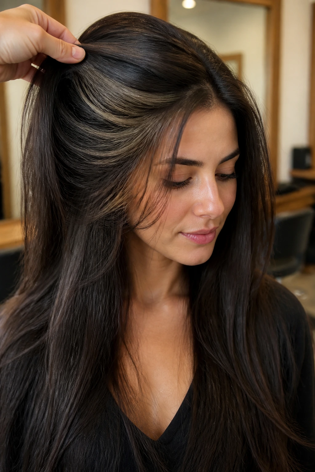 Close-up of real woman with internal debulking cut showing crown layers in a salon