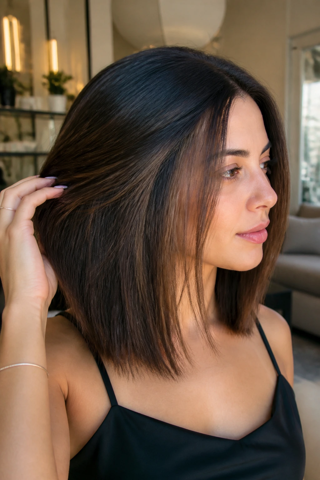 Close-up of a real woman showing internal layers in a lob cut at the crown